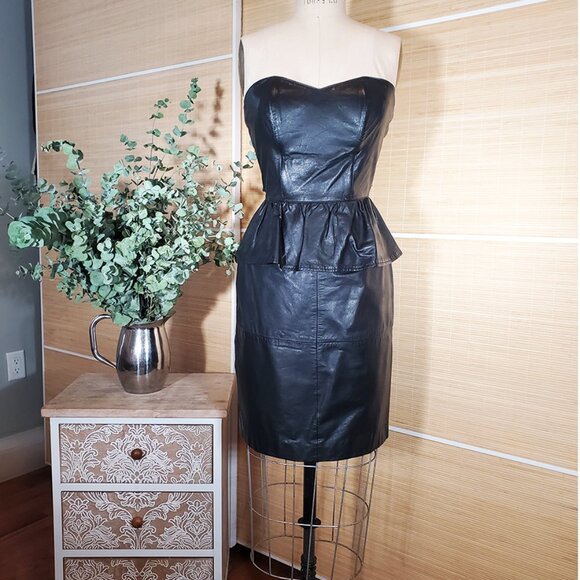 Vintage 80s Berman's Genuine Leather size S / size 2-4 Strapless Peplum Dress - Picture 1 of 13
